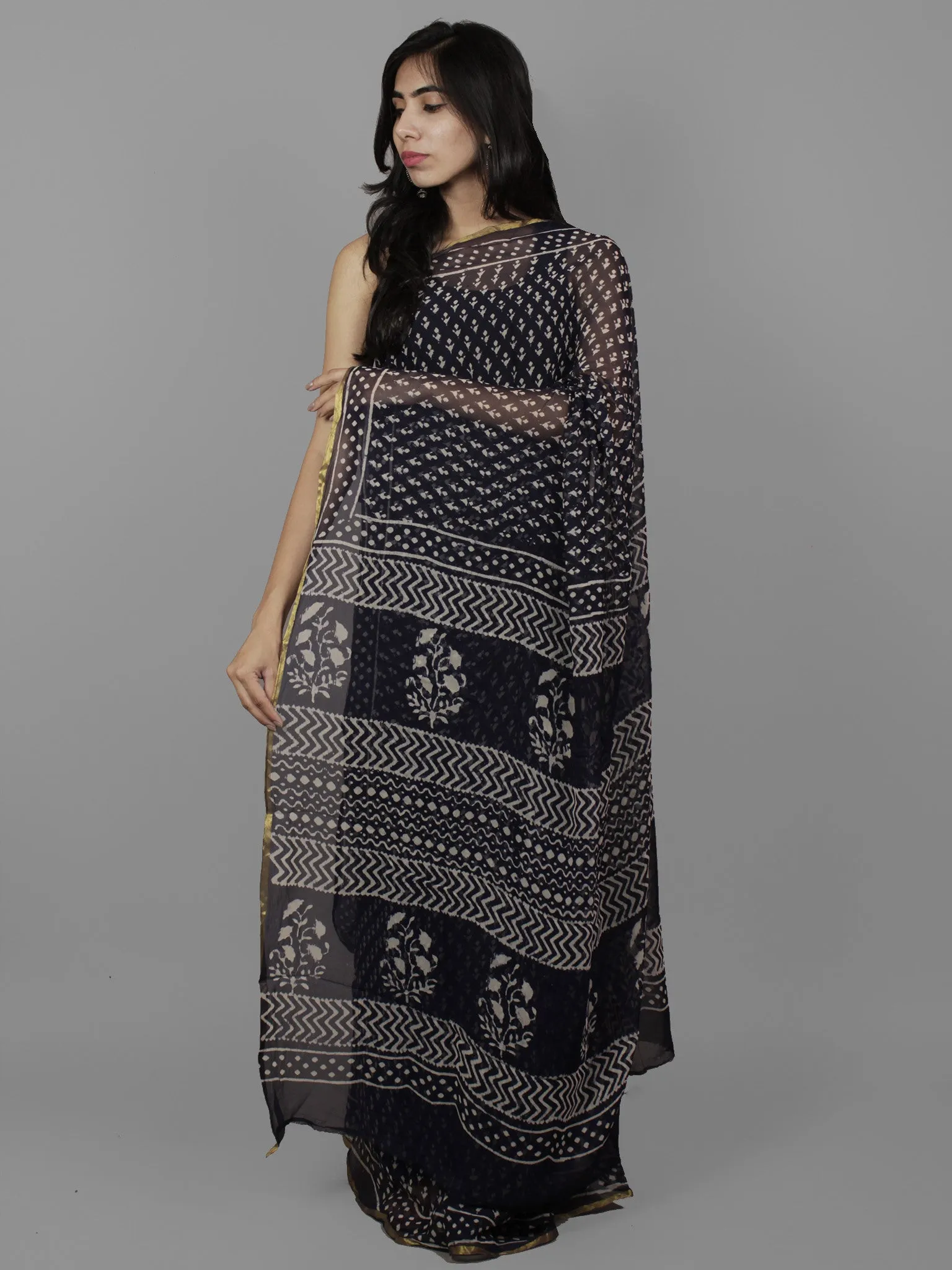 Deep Indigo Ivory Hand Block Printed Chiffon Saree - S031702095