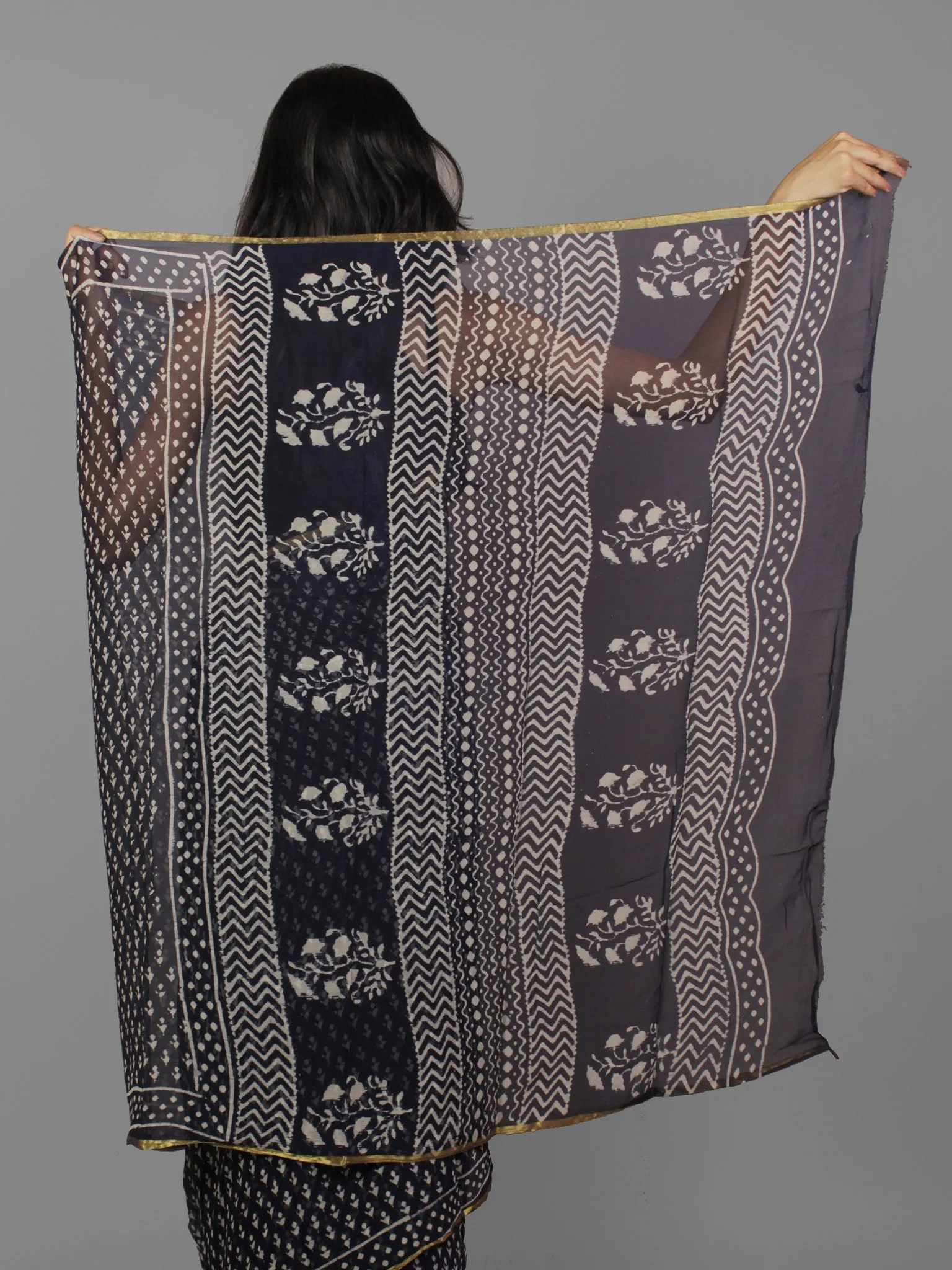 Deep Indigo Ivory Hand Block Printed Chiffon Saree - S031702095