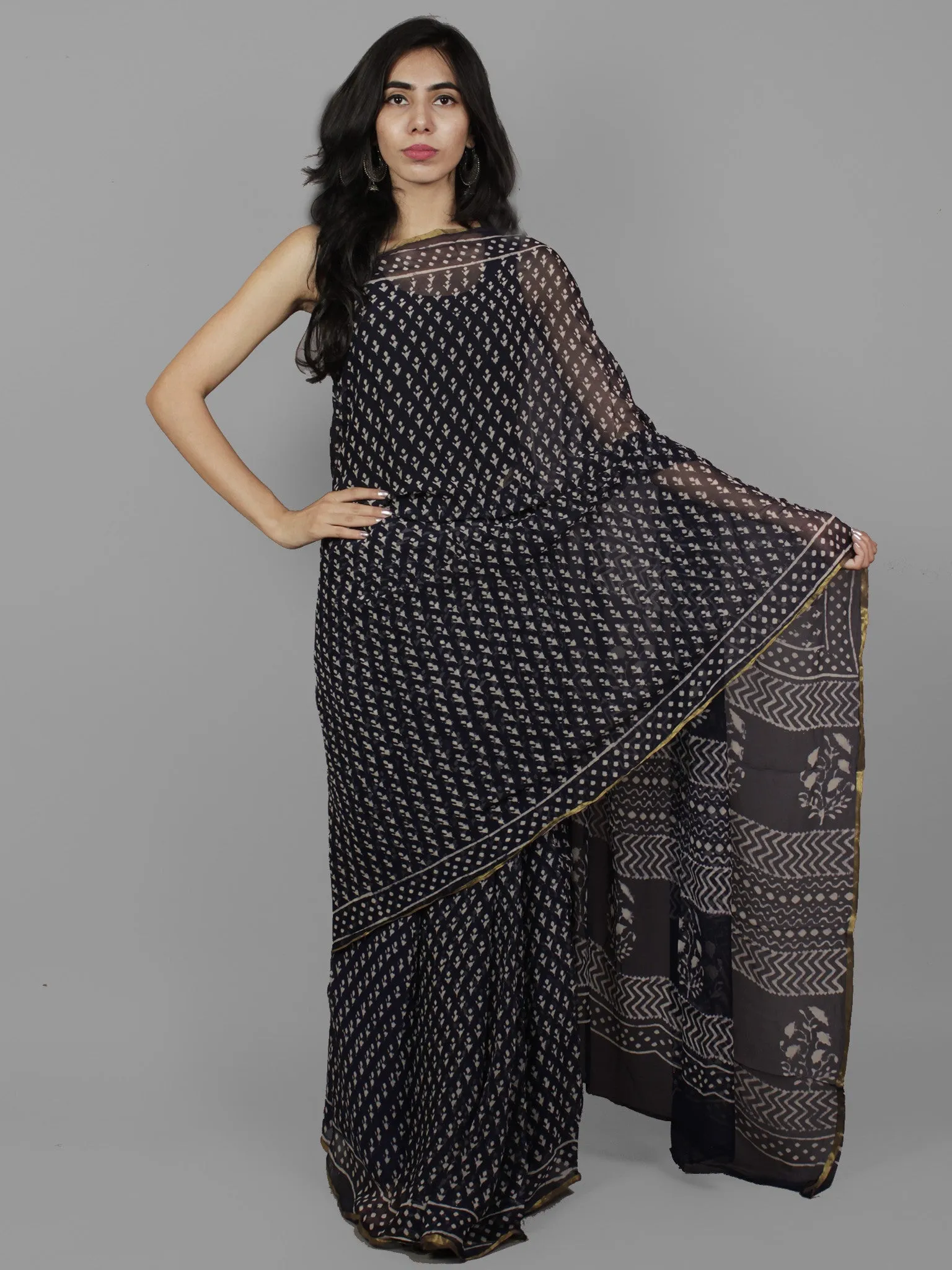 Deep Indigo Ivory Hand Block Printed Chiffon Saree - S031702095