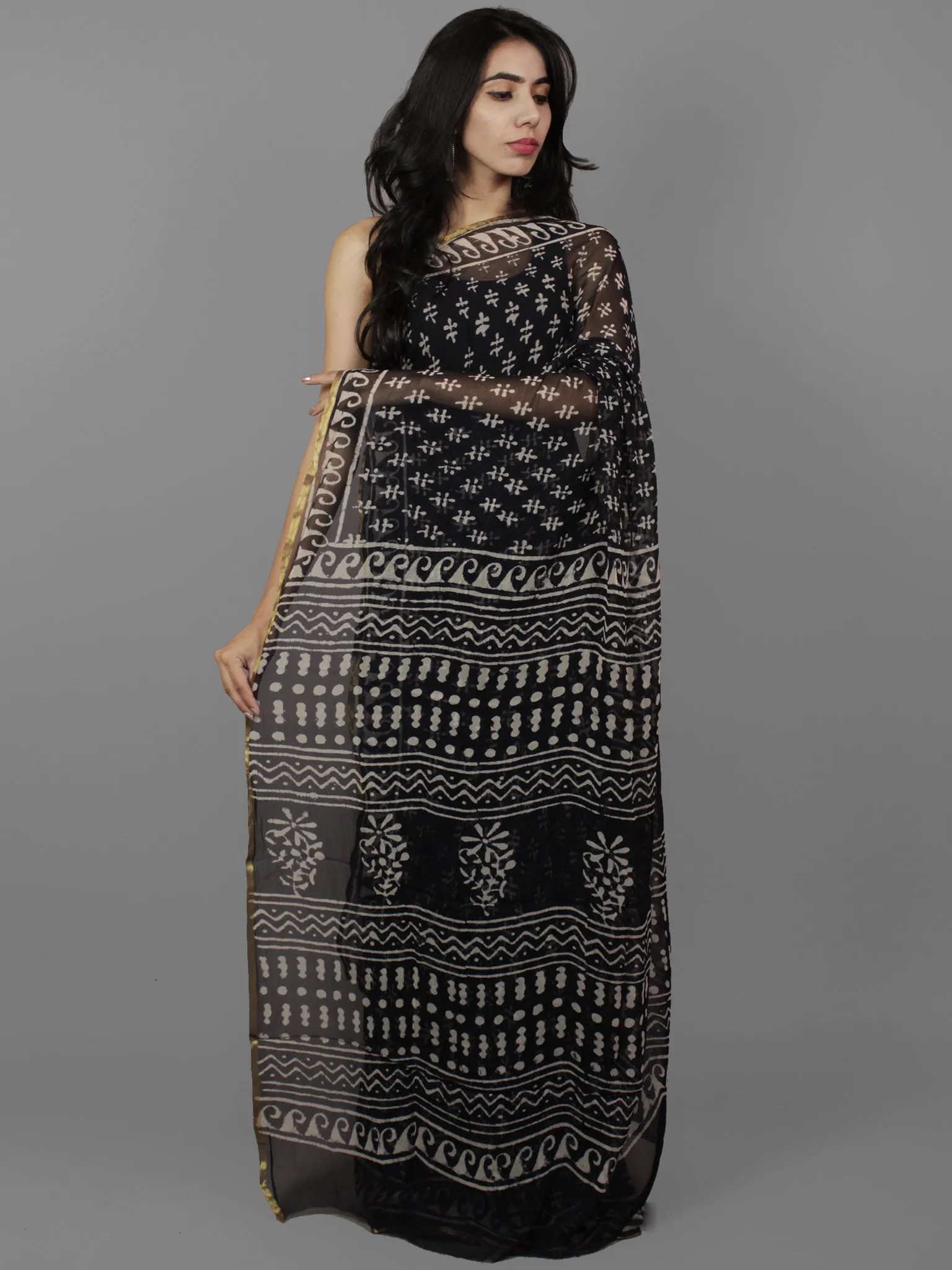 Deep Indigo Ivory Hand Block Printed Chiffon Saree - S031702103