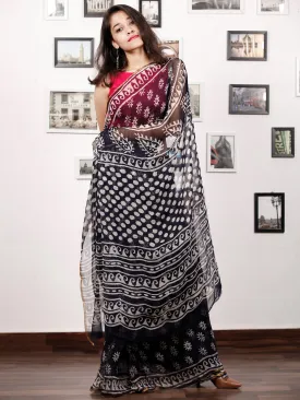 Deep Indigo White Hand Block Printed Chiffon Saree with Zari Border - S031703152