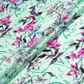 Deep Magenta Floral Printed Mint Green Silk Jacquard