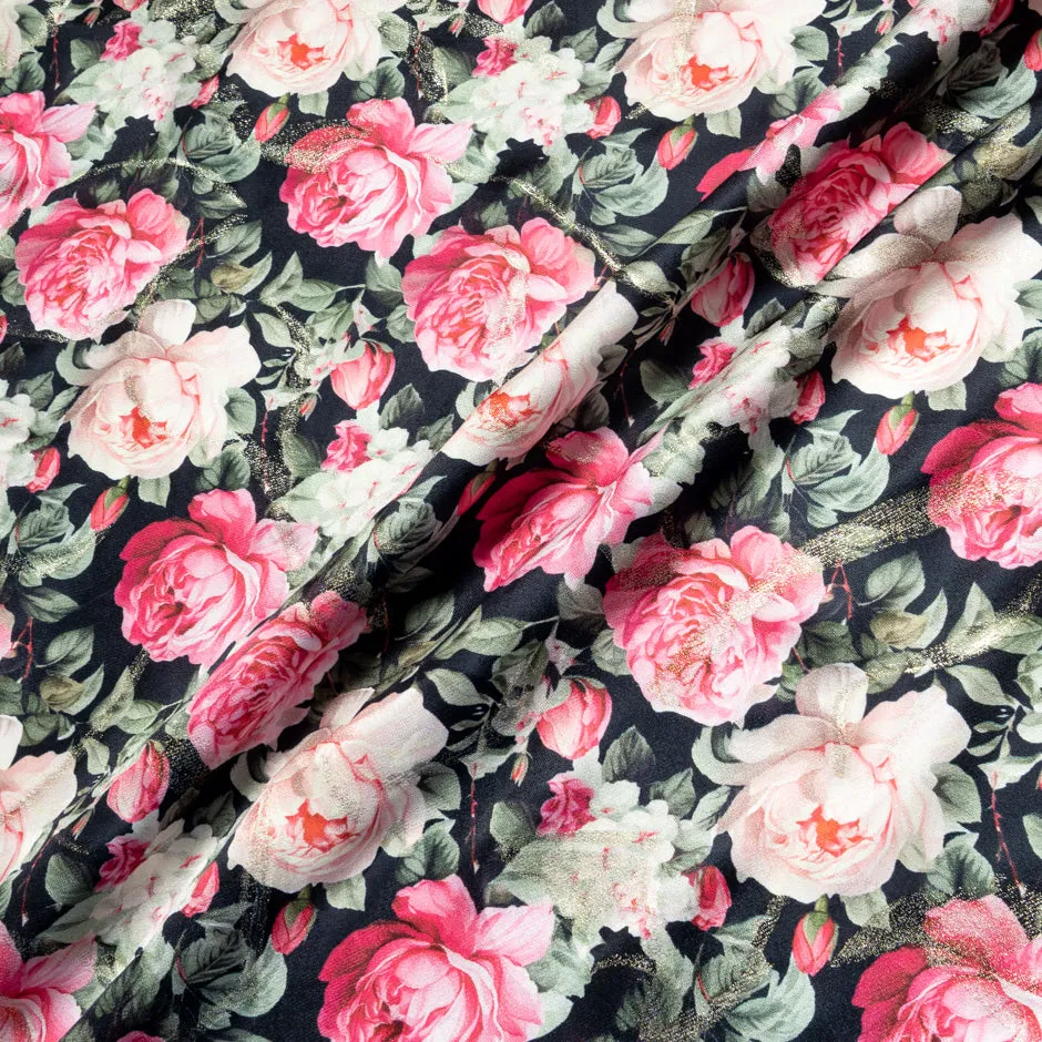 Deep Pink Rose Printed Metallic Jacquard Silk