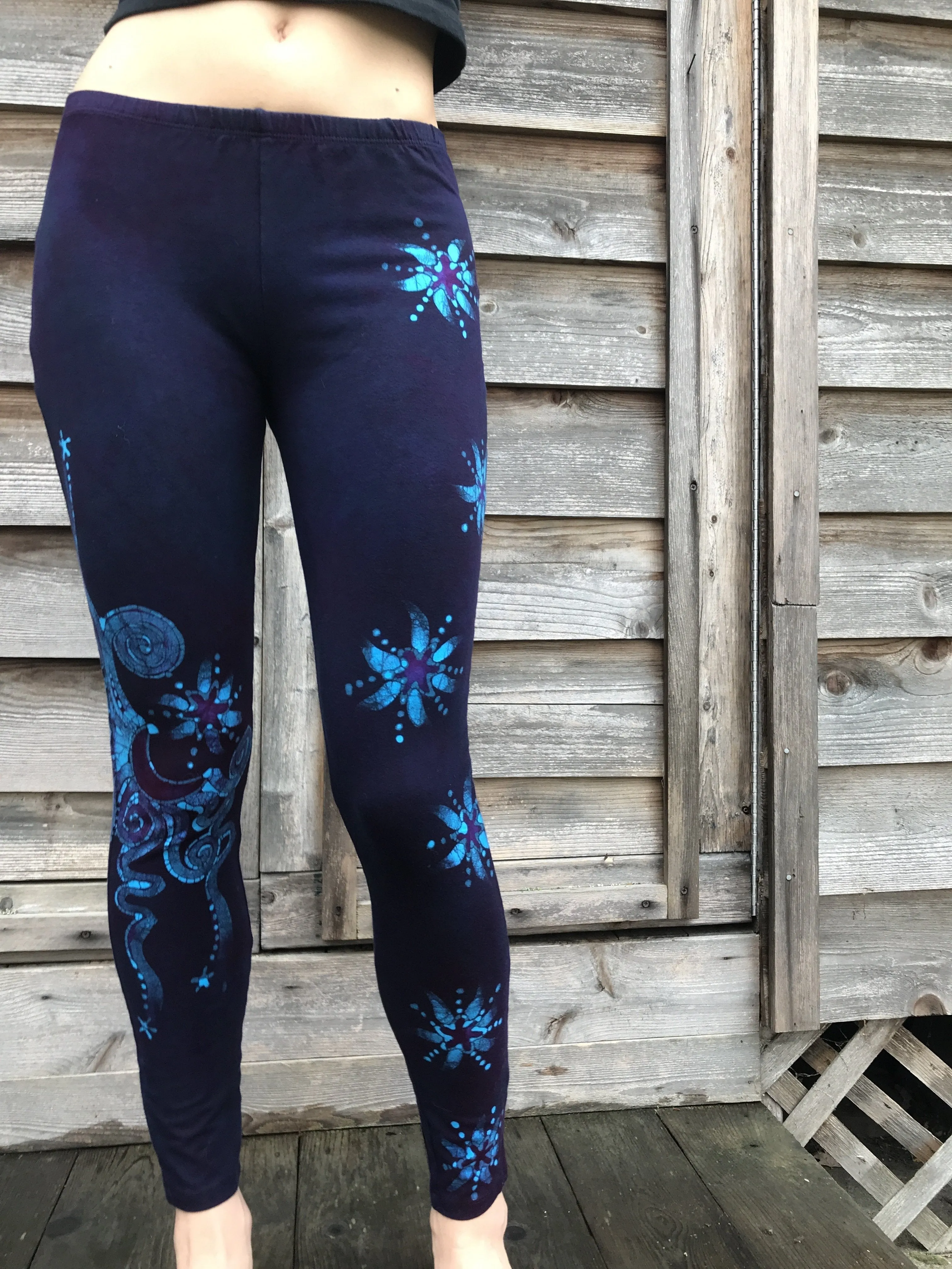 Deep Purple and Turquoise Moon & Star Batik Leggings - Size XS