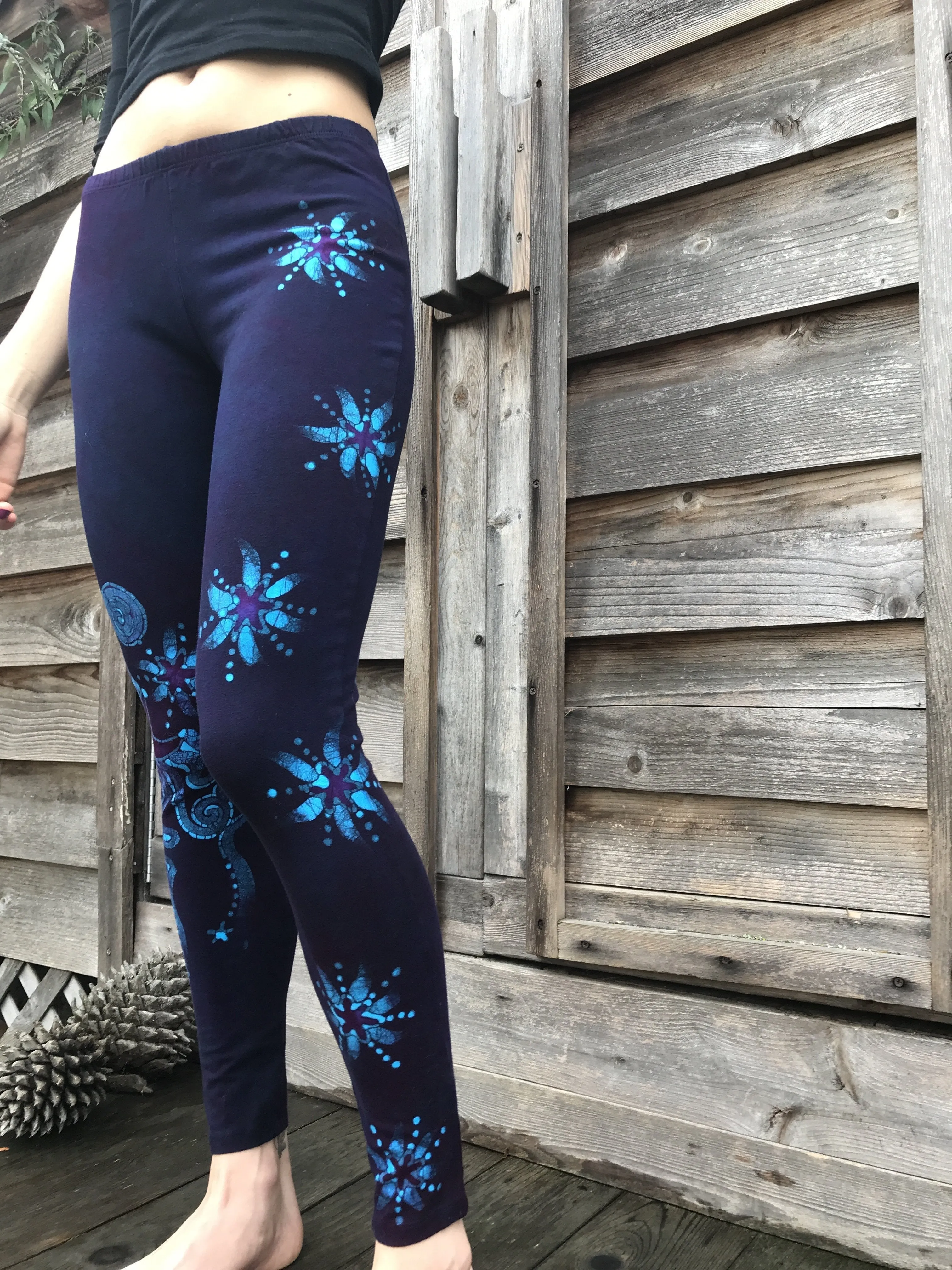 Deep Purple and Turquoise Moon & Star Batik Leggings - Size XS