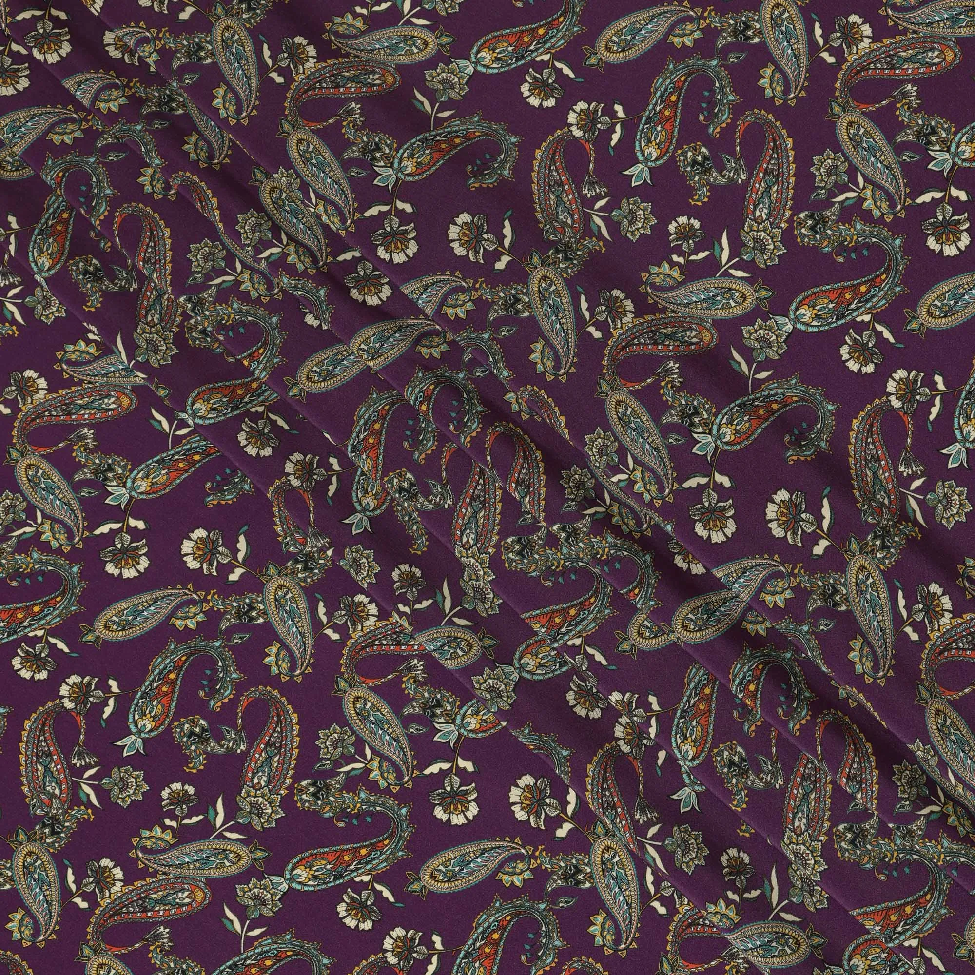 Deep Purple Viscose Fabric with Paisley and Floral Digital Print, 110 cm Width-D20621