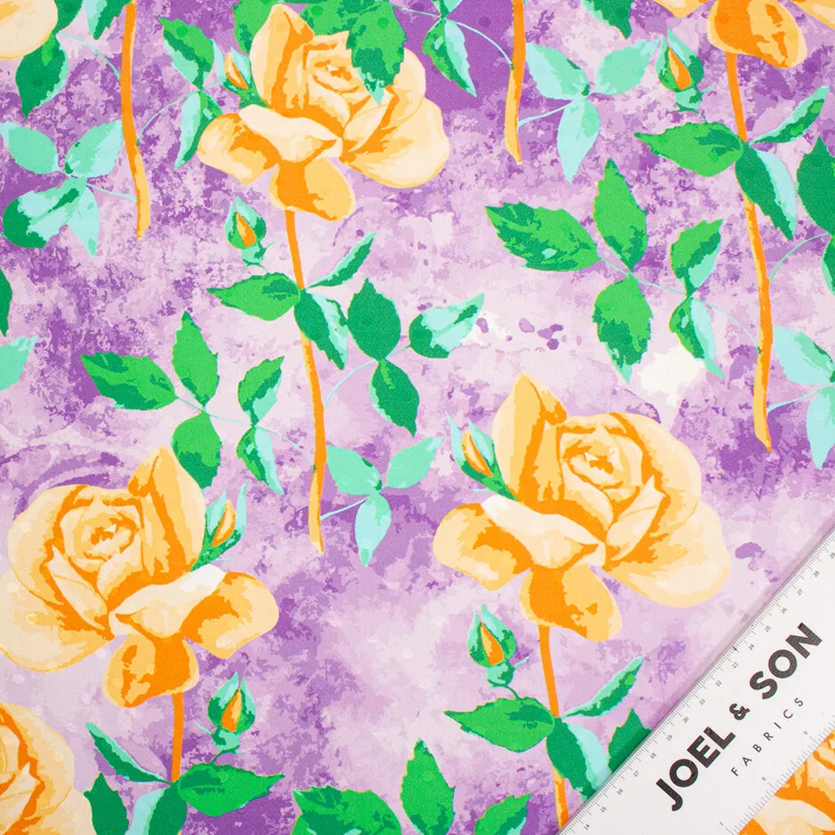 Deep Yellow Rose Printed Purple Silk Jacquard