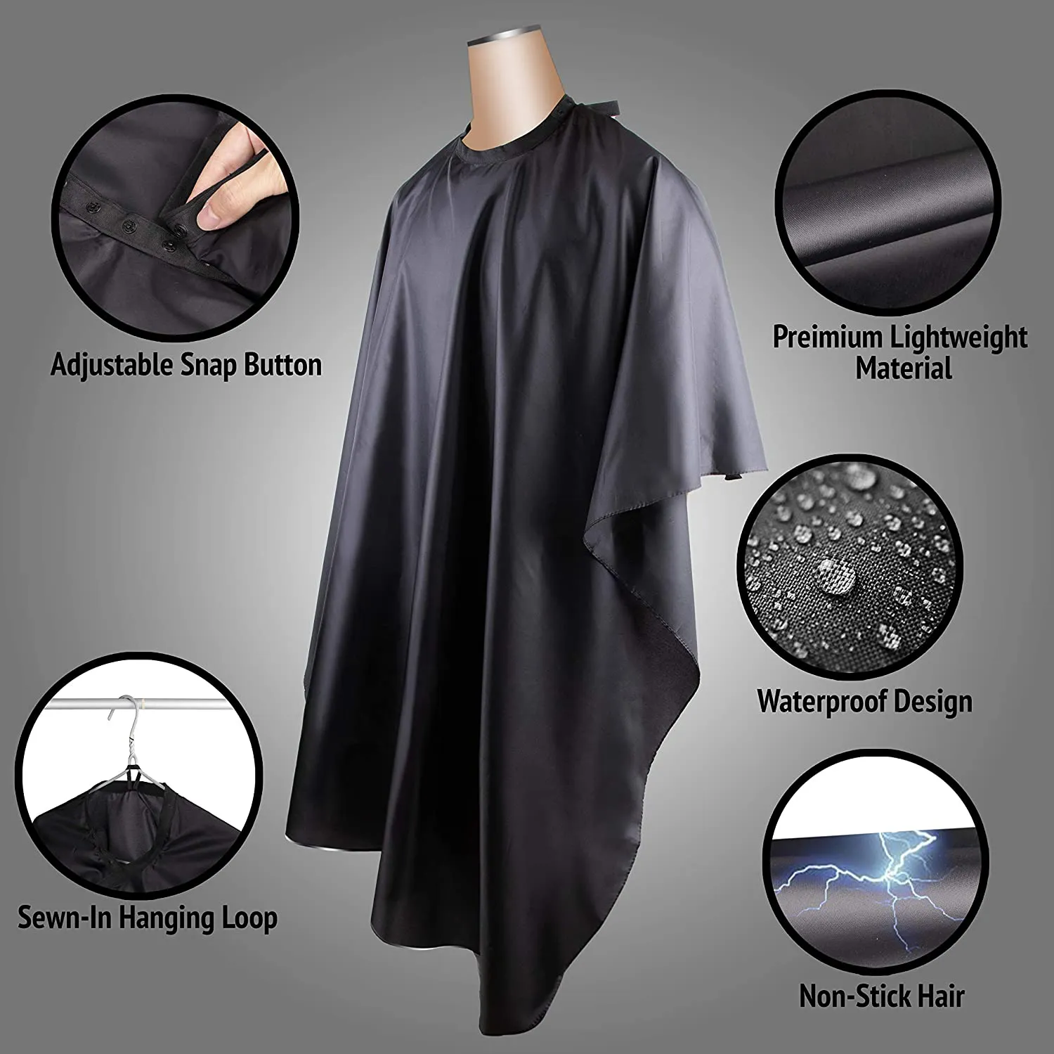 DELKINZ Barber Cape Large Size with Adjustable Snap Closure waterproof Hair Cutting Salon Cape for men, women and kids- Perfect for Hairstylists - Black