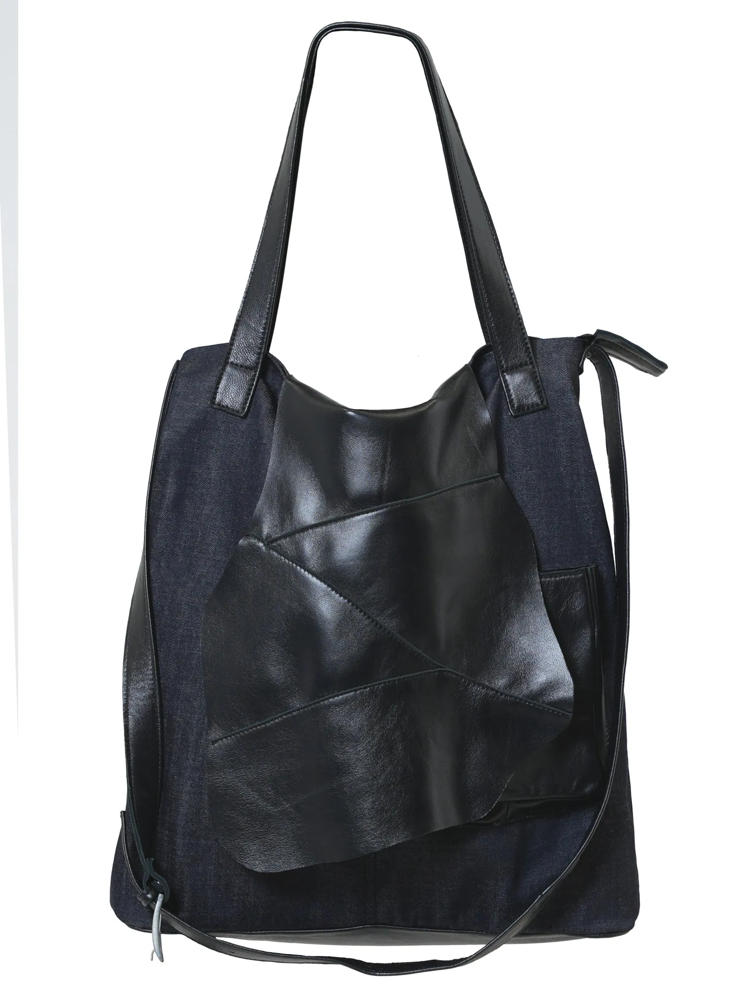 Denim and Leather Crossbody Tote Bag