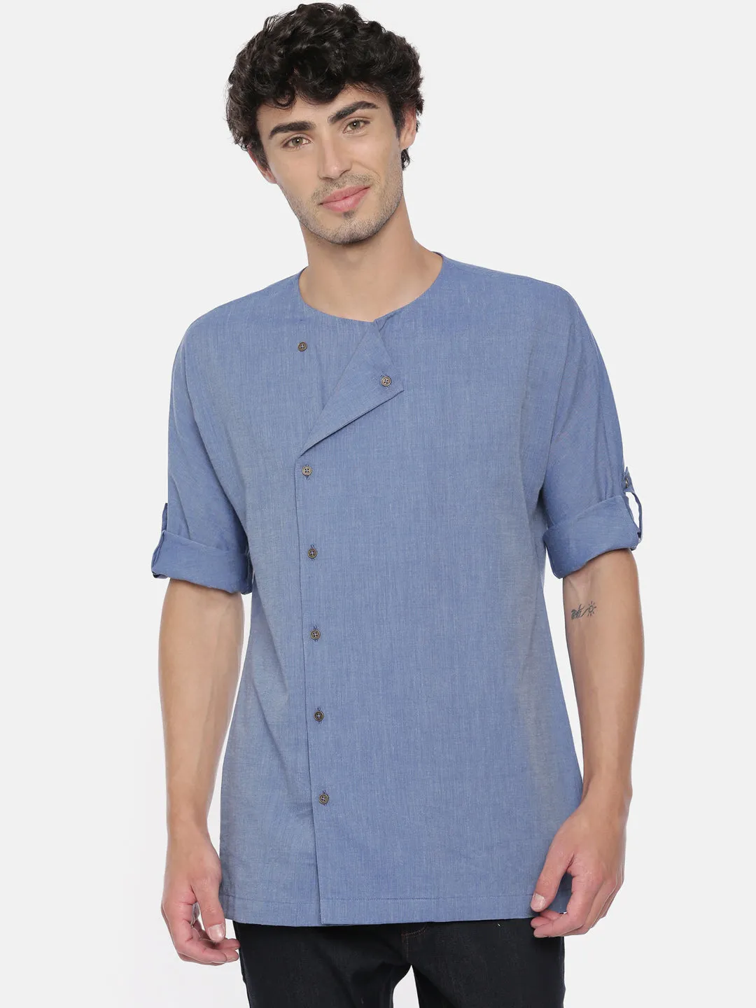 Denim Blue Cotton Short Kurta  - MMSK027