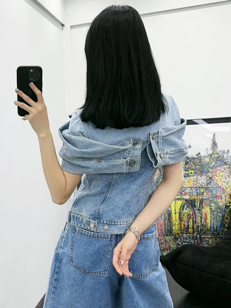 Denim Jackets For Women Lapel short Sleeve Folds Patchwork Button Casual Loose Jacket Female Fashion Clothing