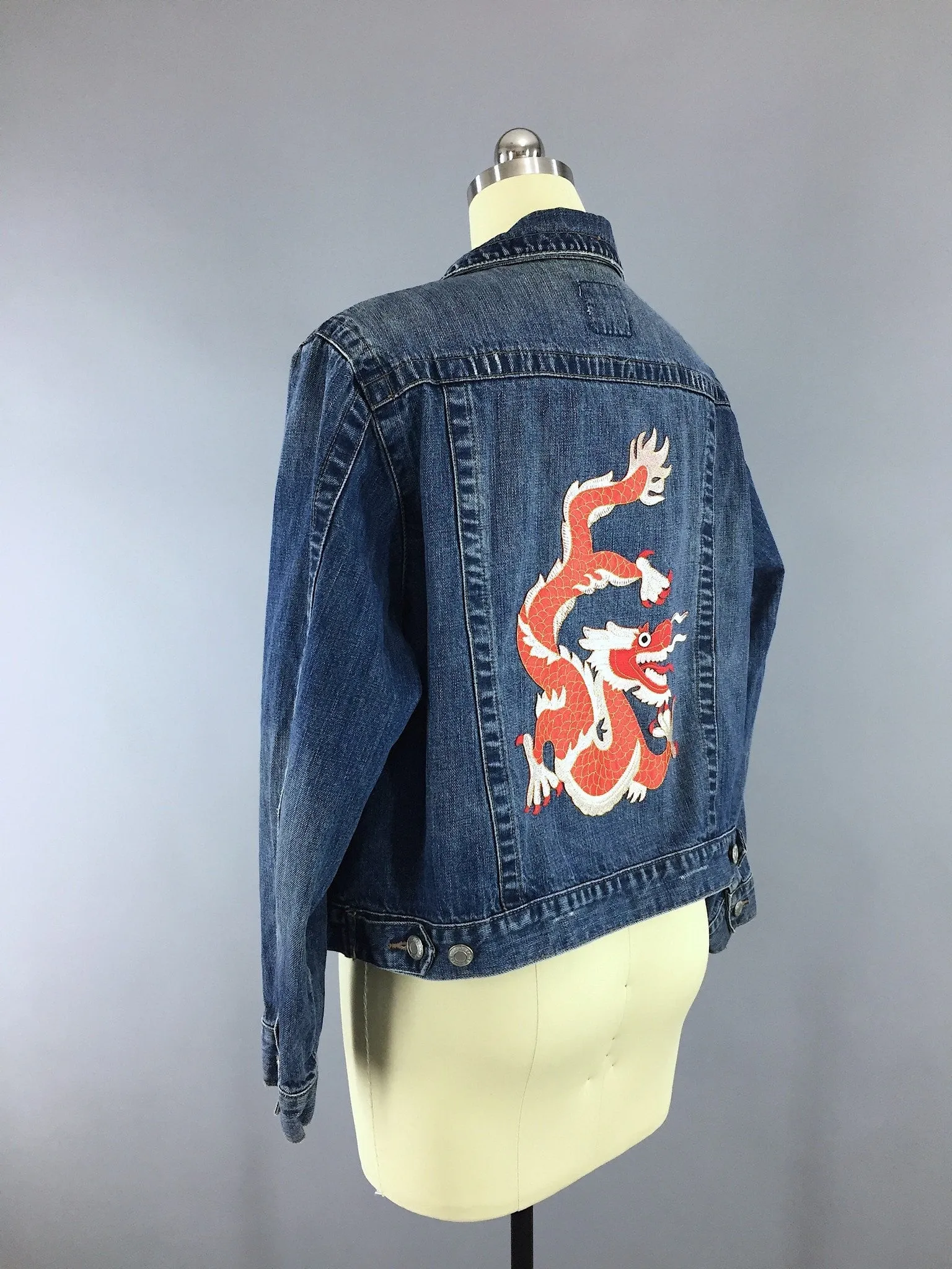 Denim Jean Jacket with Red Asian DRAGON Embroidery Appliqué