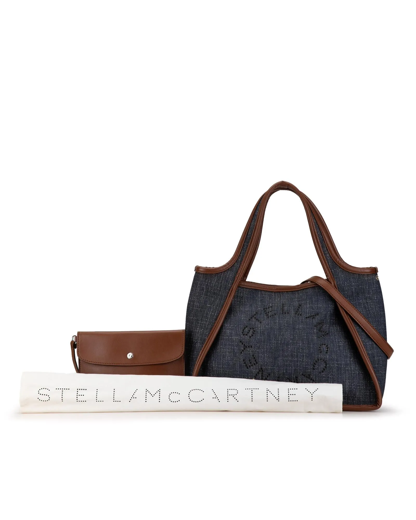 Denim Satchel with Faux Leather Trim and Detachable Pouch