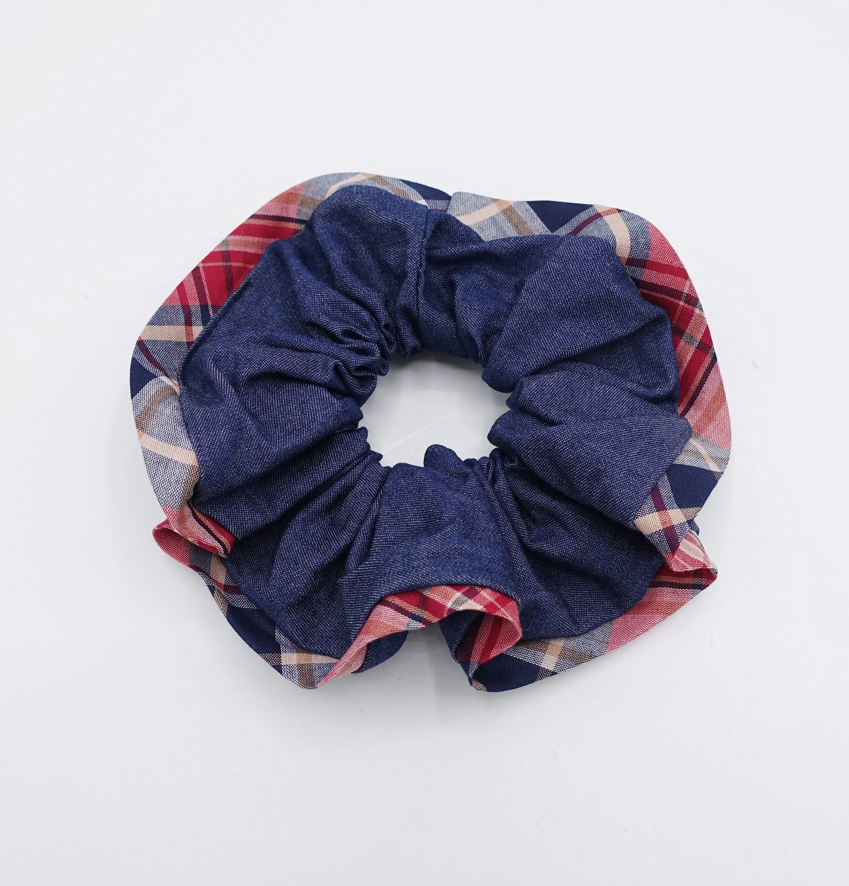 denim scrunchies, check edge scrunchies