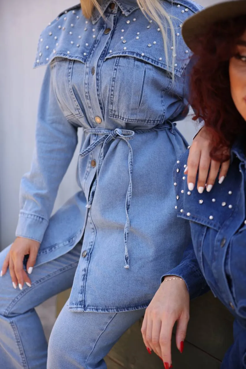 Denim Shirt and Pants - Two Piece with Rhinestones Design