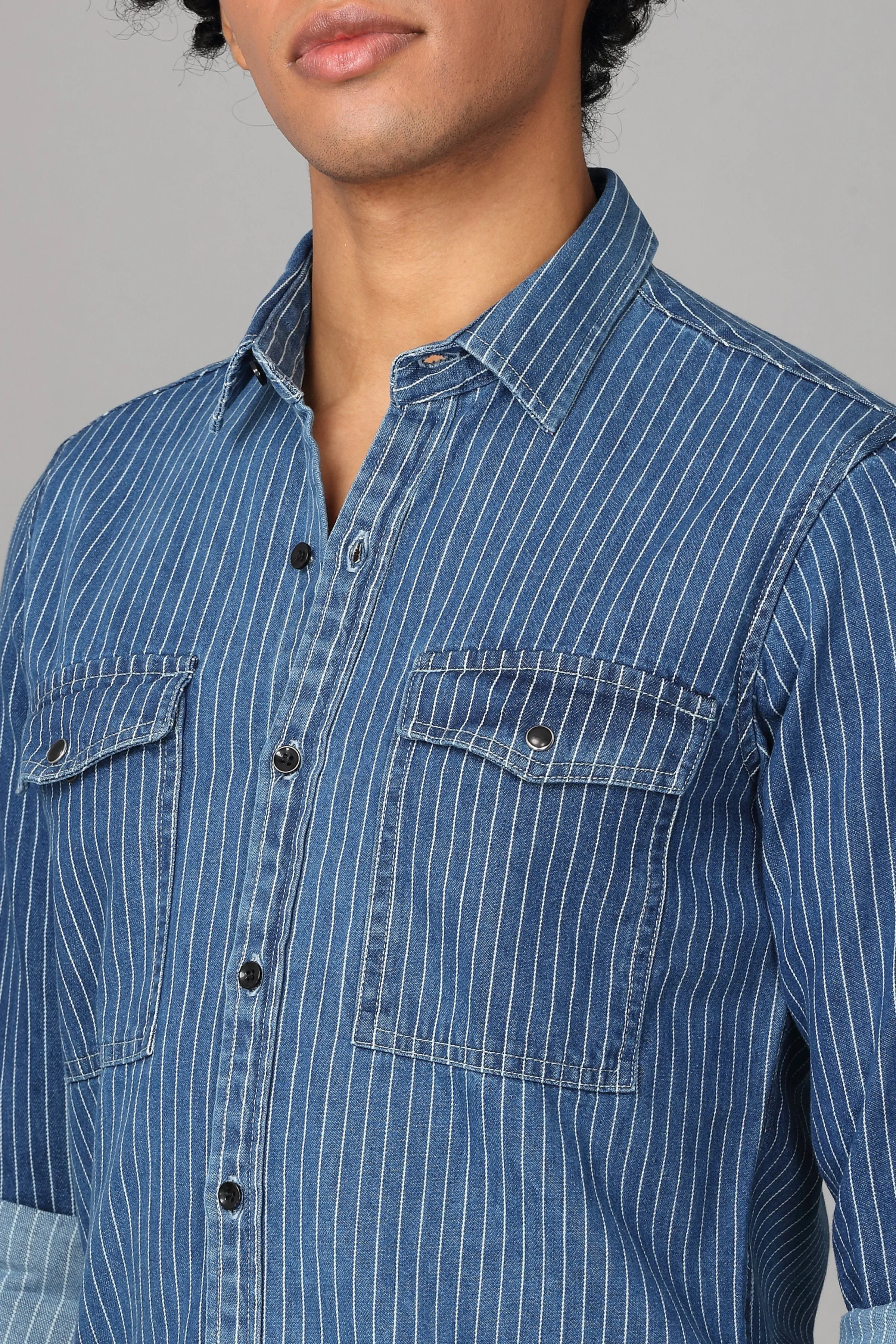 Denim Shirt in White Stripes Blue