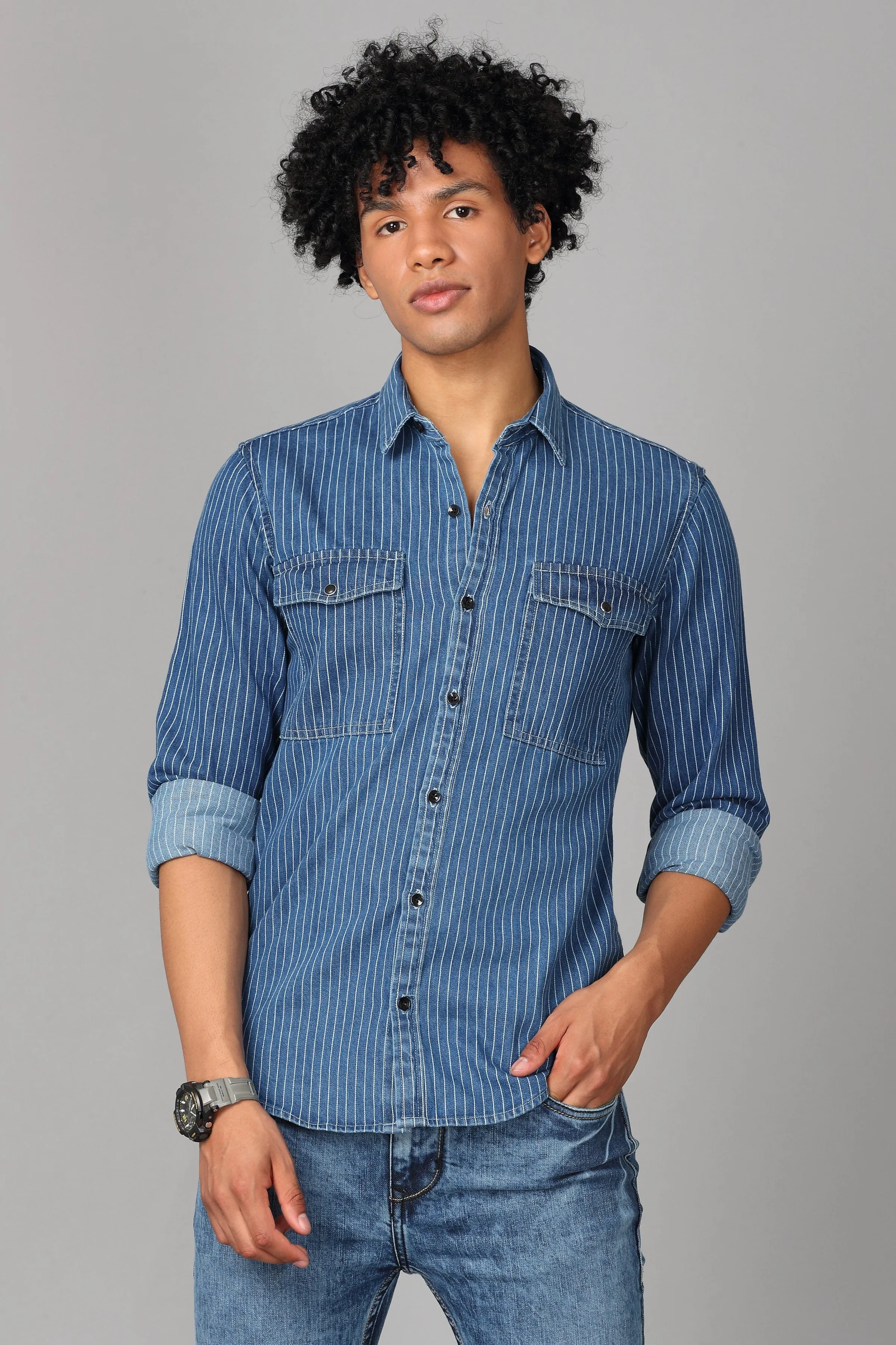 Denim Shirt in White Stripes Blue