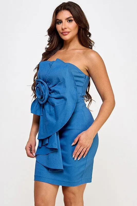 Denim Sweetheart Tube Top Dress With Flower Motif Detail