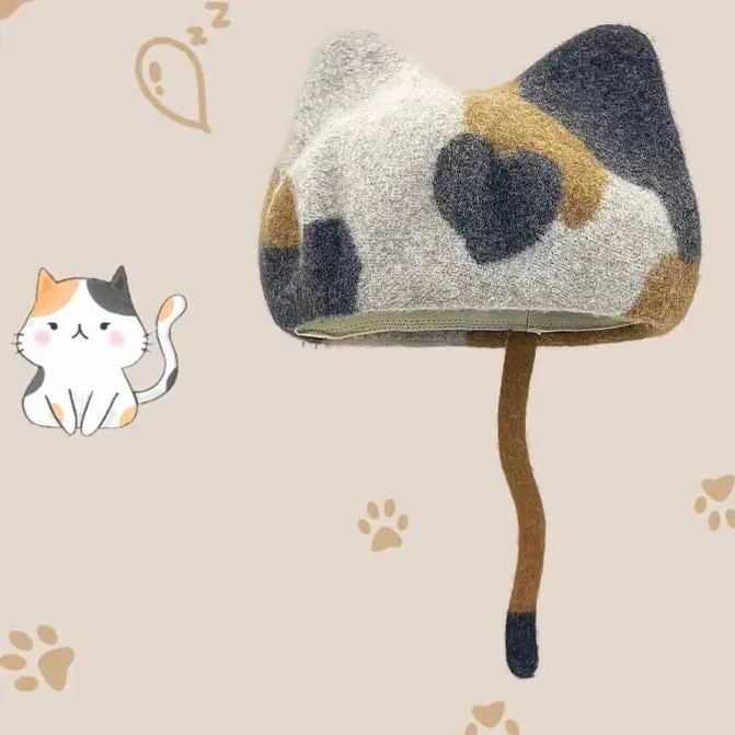 Designer Wool Tweed Cat Ears Beret