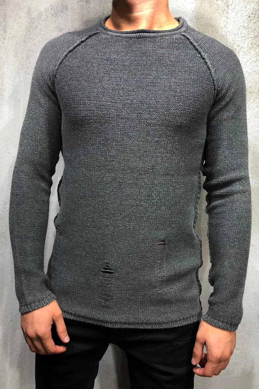 Destroyed Pullover Dunkelgrau 7026