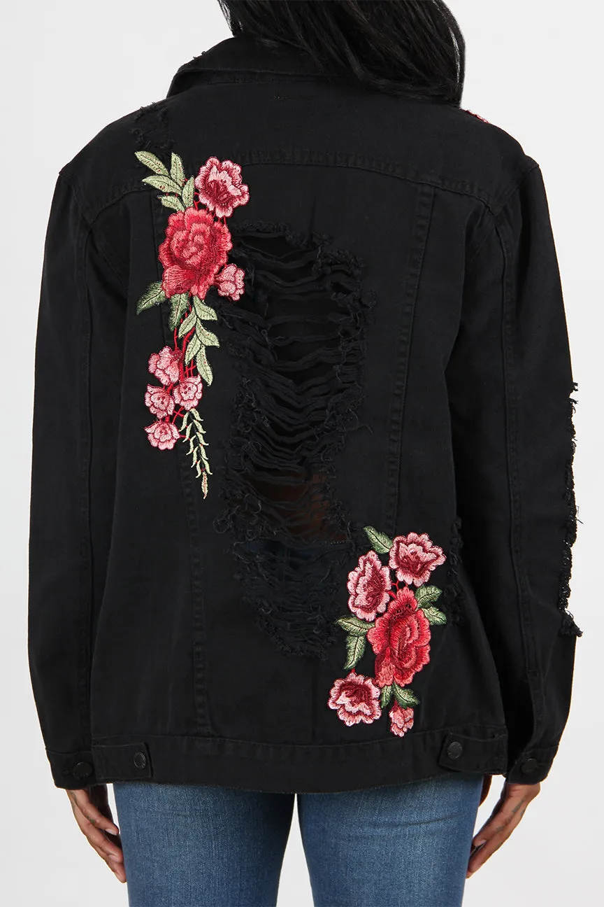 Destructed Rose Patch Denim Jacket