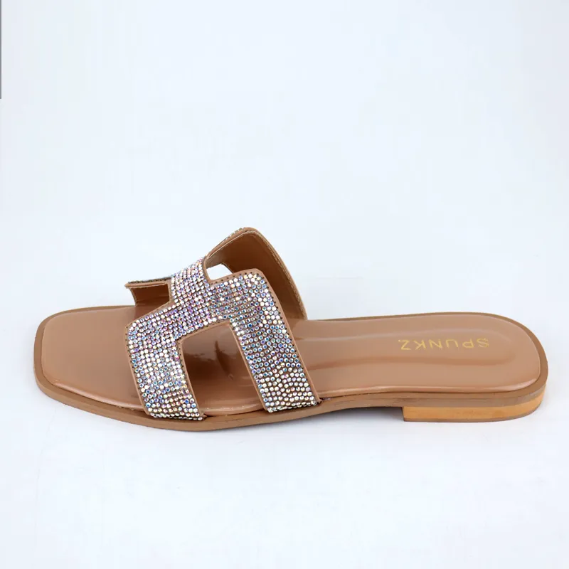 Diamante Flat Slider Comfortable Open Toe Slip On Ladies Shoes