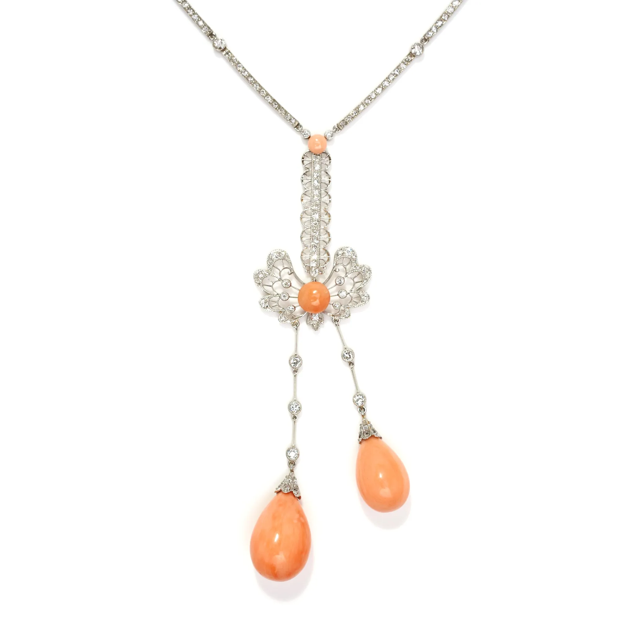 Diamond and Coral Filigree Edwardian Negligee Necklace