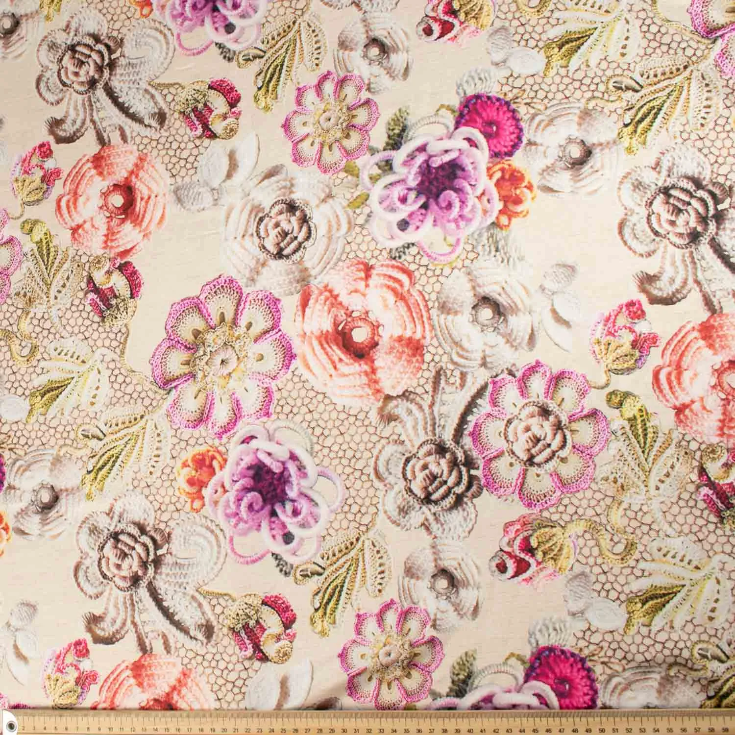 Digital Printed Satin Design-27 Pink Knit Floral on Beige