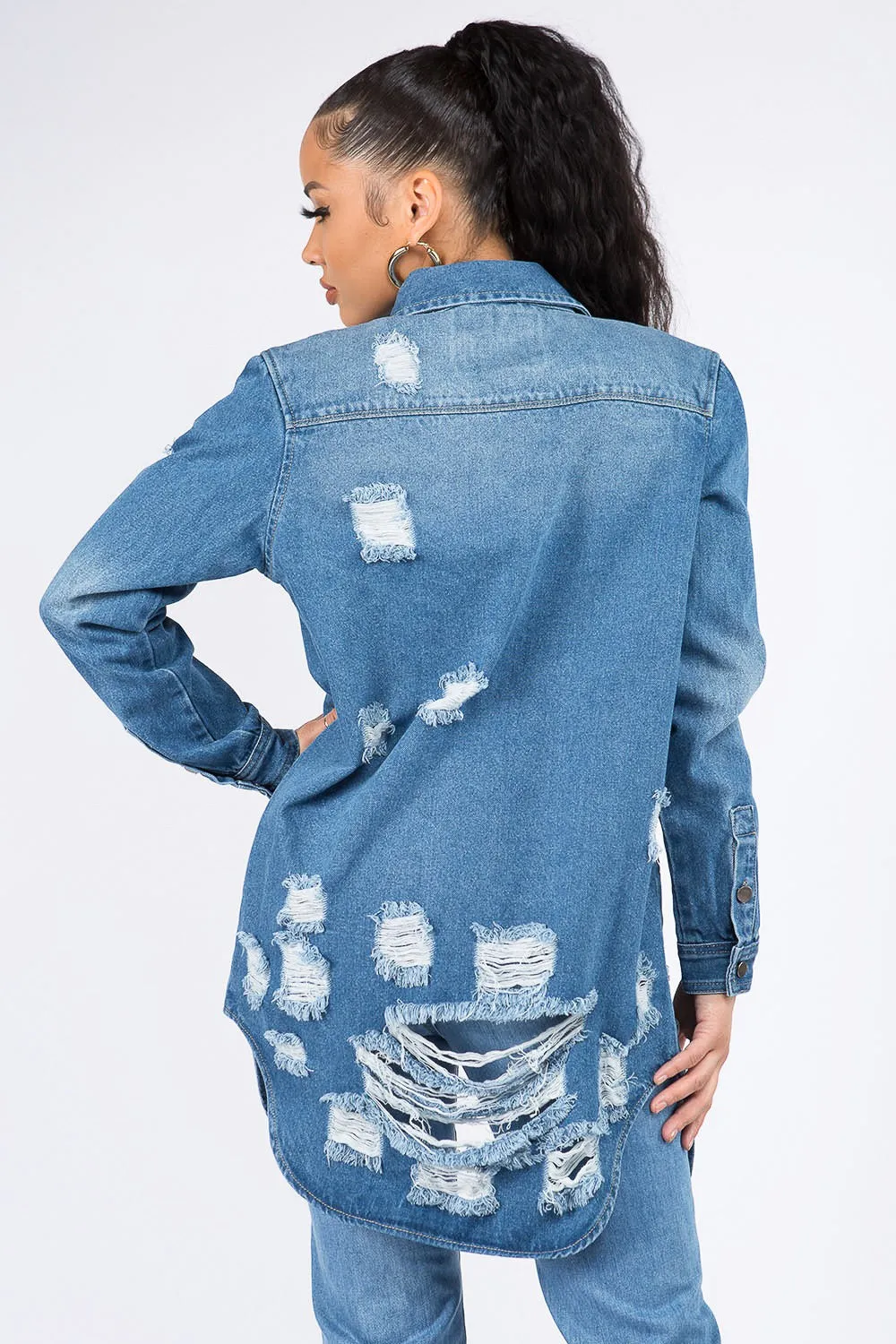 Distressed Button Down Denim Shirt Jacket