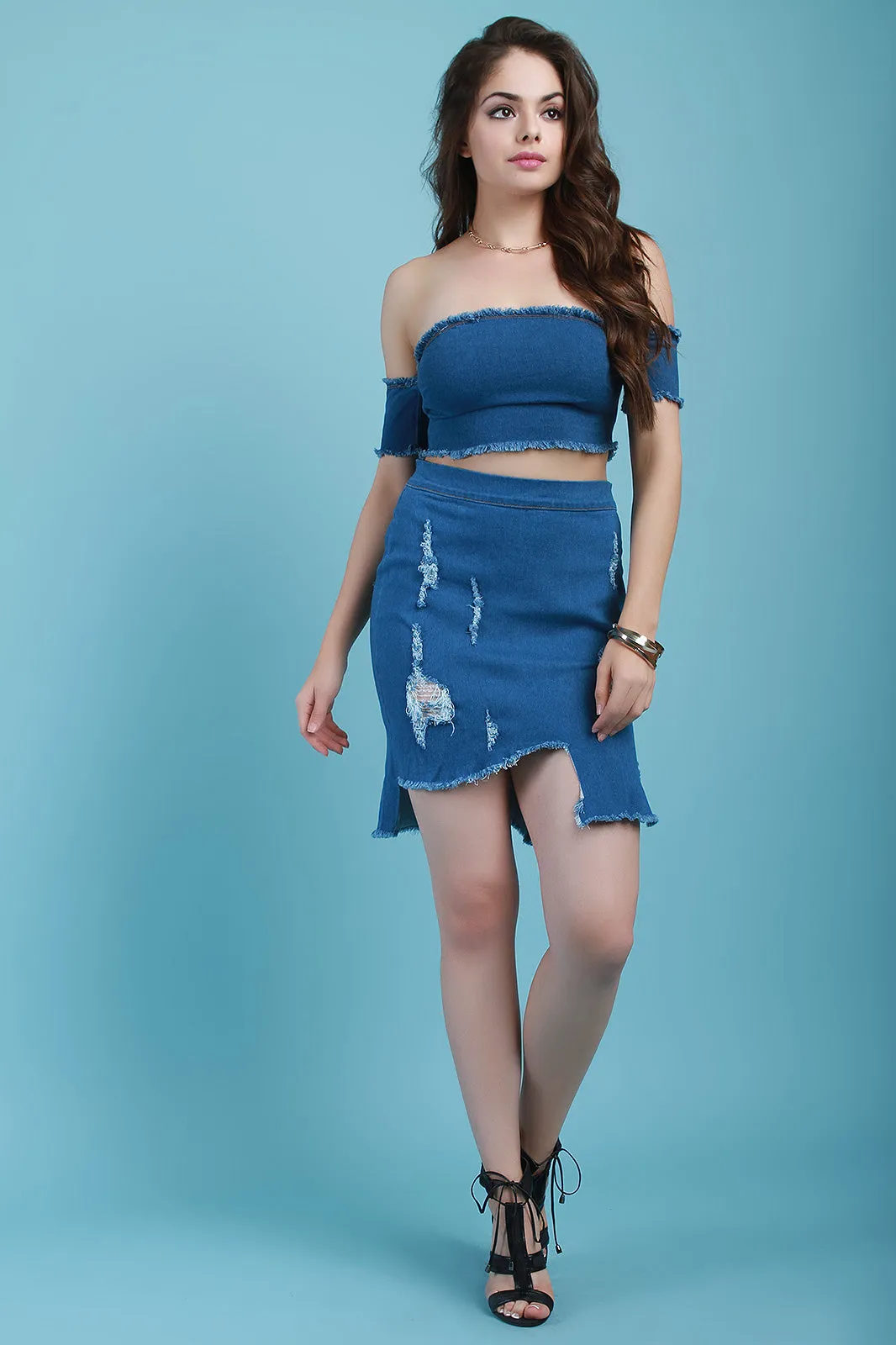 Distressed Denim High Waist Asymmetrical Midi Skirt