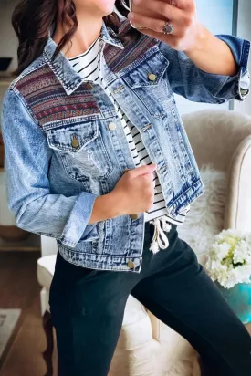 Distressed Tribal Patch Denim Jacket