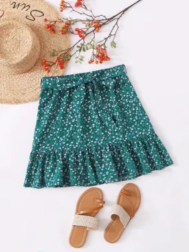 Ditsy Floral Ruffle Hem Belted Skirt