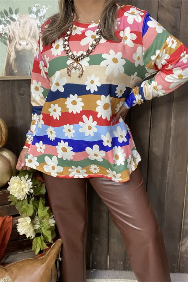 DLH15336 Sunflower&wide striped multi color printed long sleeve women tops