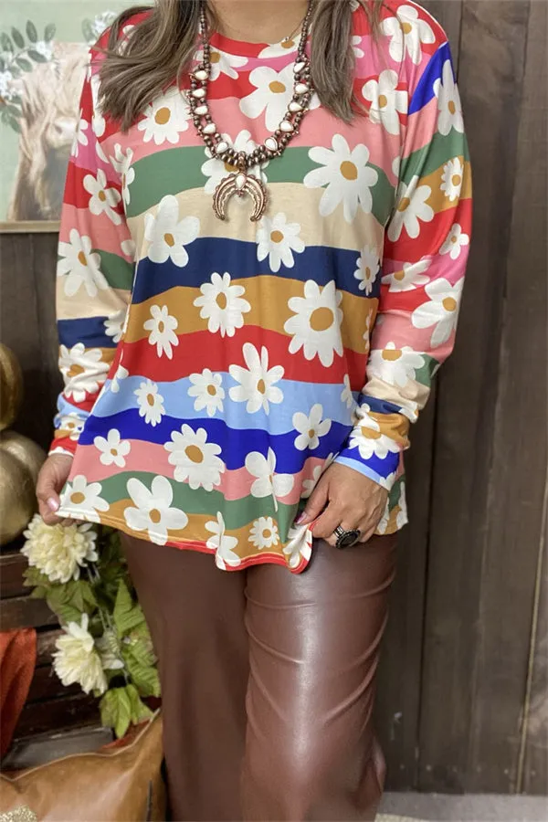 DLH15336 Sunflower&wide striped multi color printed long sleeve women tops