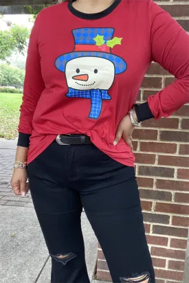 DLH9749 Snowman multi color printed long sleeve women red t-shirt w/black neckline&cuff (IS8)