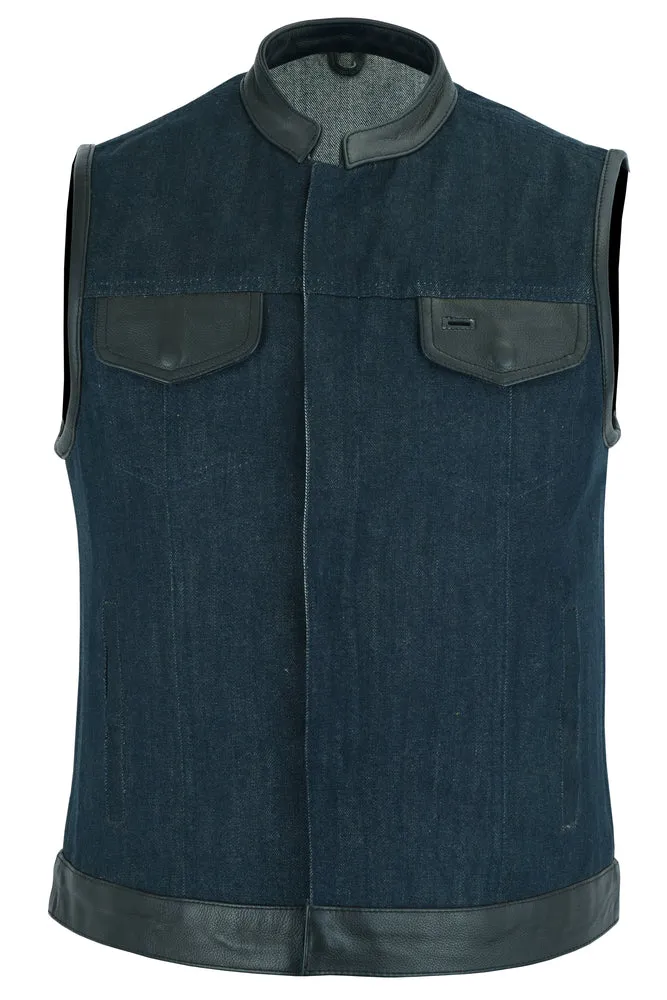 DM964 Women's Broken Blue Rough Rub-Off Raw Finish Denim Vest W/Leath