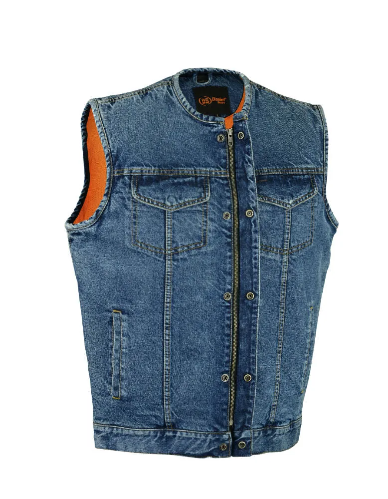 DM981BU Concealed Snaps,Blue Denim Vest, Hidden Zipper, w/o Collar