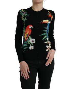 Dolce & Gabbana Black Bird Wool Long Sleeve Cardigan Sweater