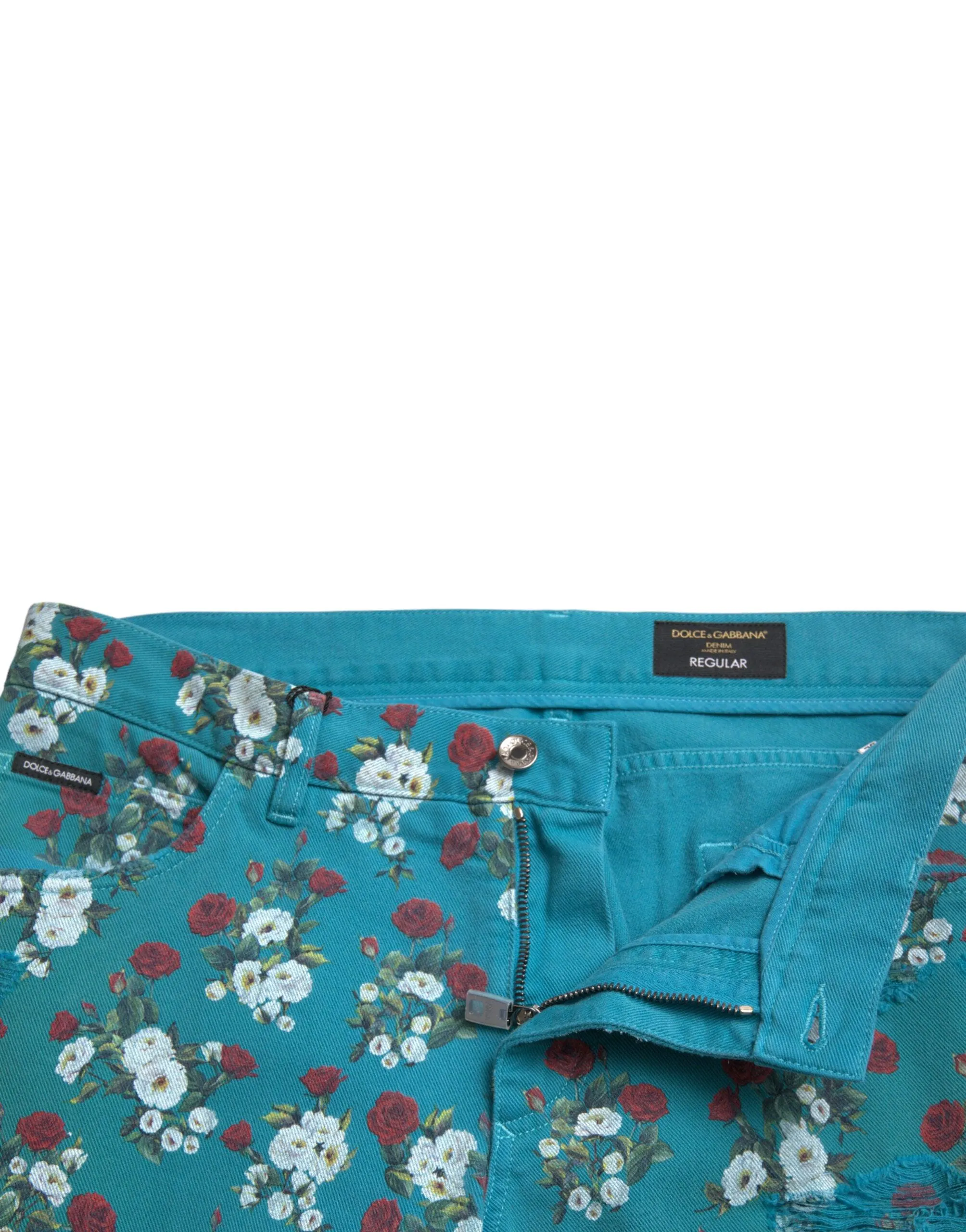 Dolce & Gabbana Blue Floral Print Skinny Cotton Denim Pants