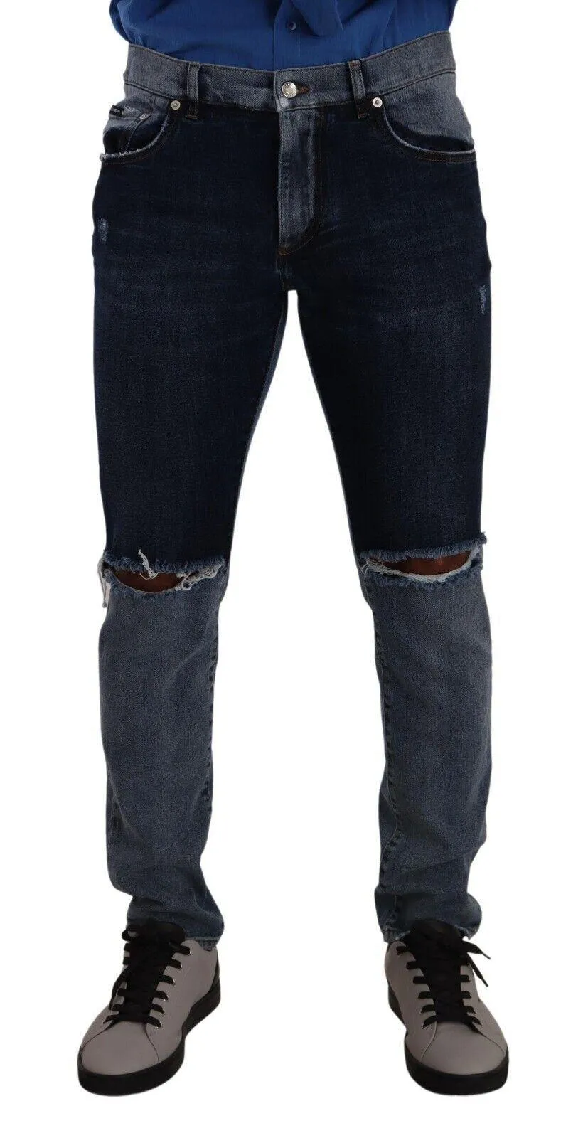 Dolce & Gabbana Blue Two Tone Tattered Cotton Slim Denim Jeans