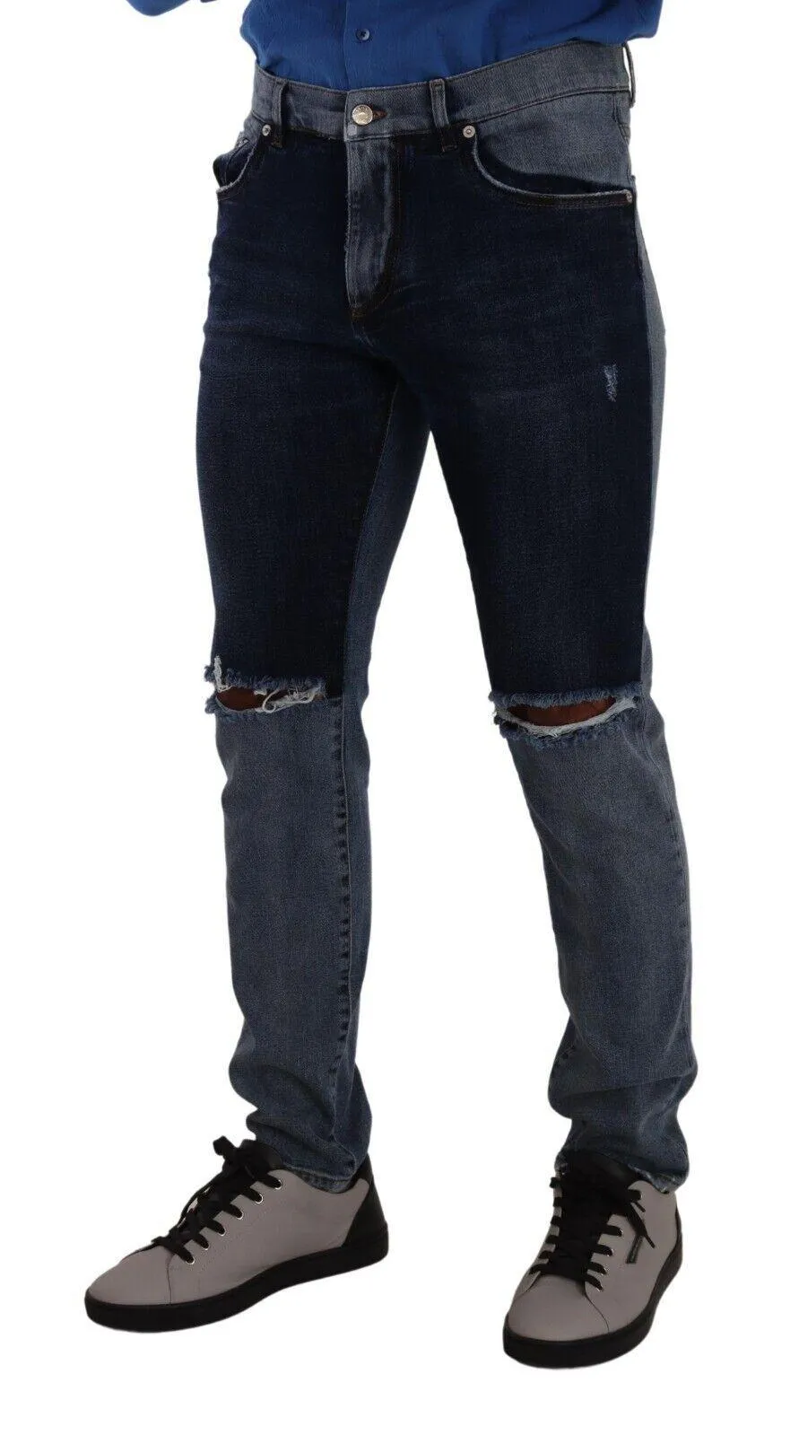 Dolce & Gabbana Blue Two Tone Tattered Cotton Slim Denim Jeans