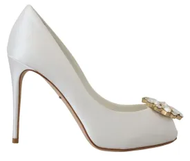 Dolce & Gabbana Crystal-Embellished White Peep Toe Heels