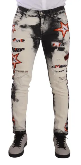 Dolce & Gabbana White Black Cotton Distressed Skinny Denim Jeans