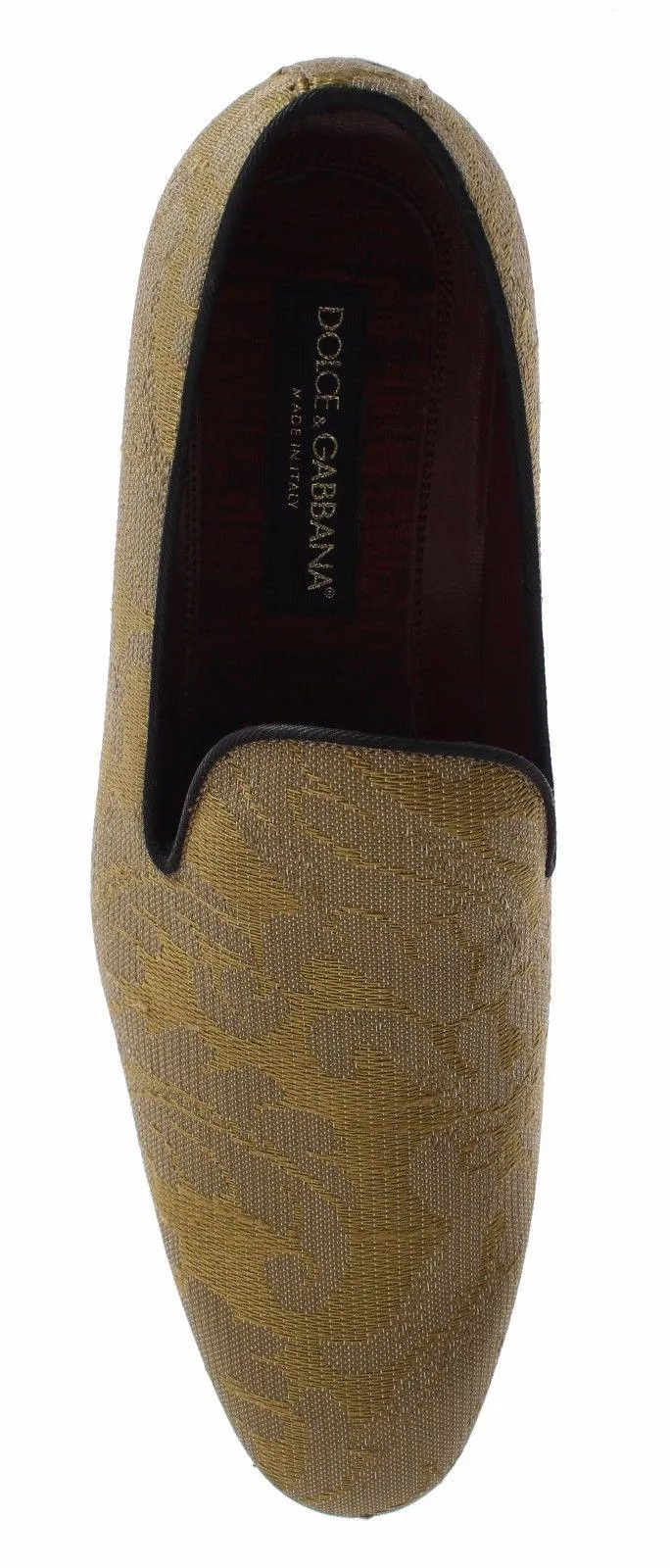 Dolce & Gabbana Yellow Gold Silk Baroque Loafers Shoes