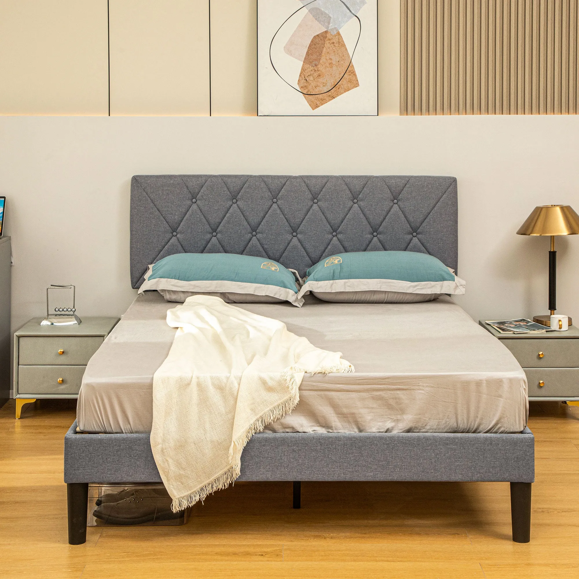 Double Bed Frame with 5-Level Adjustable Linen Headboard