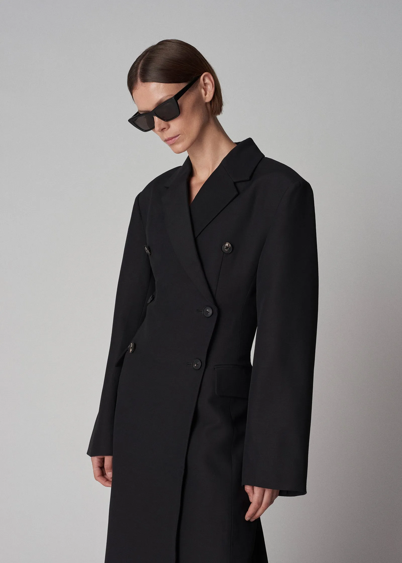 Double Breasted A Line Coat in Faille - Black