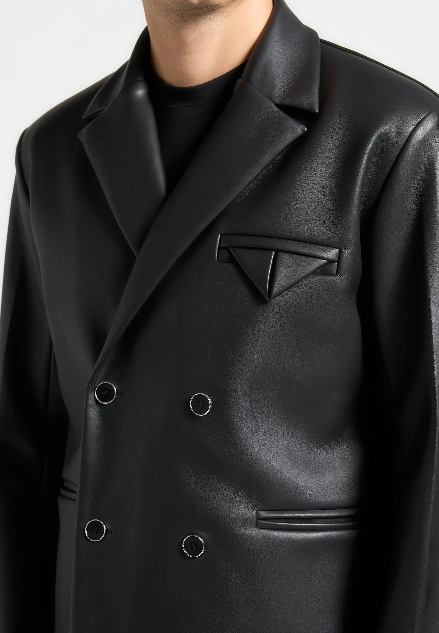 Double Breasted Leather Suit Jacket - Black