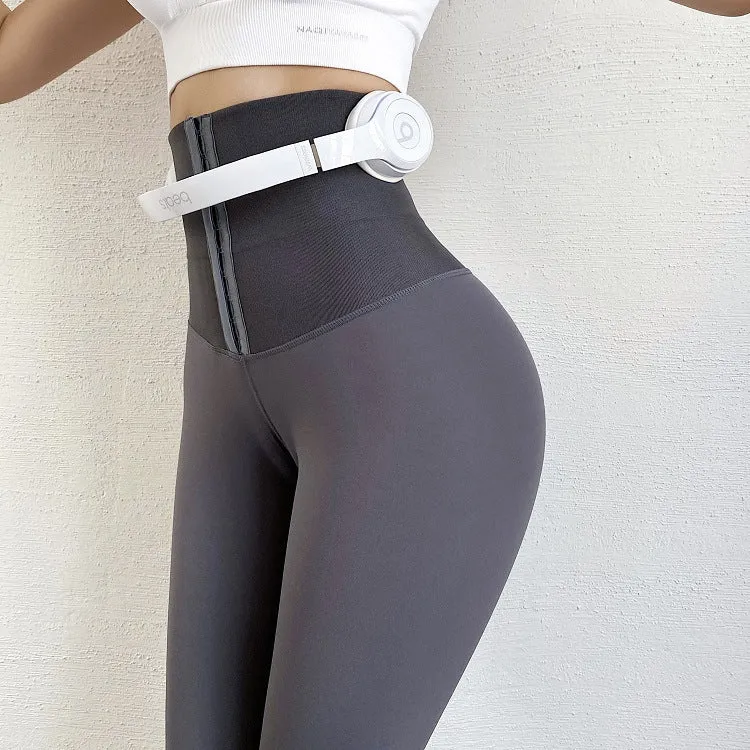 Double-breasted New Yoga Tight-fitting High-waisted Pants Women Plus Velvet Thickened Waist Waist And Hips Elasticity