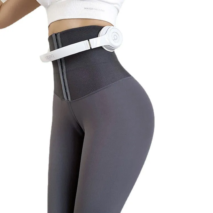 Double-breasted New Yoga Tight-fitting High-waisted Pants Women Plus Velvet Thickened Waist Waist And Hips Elasticity