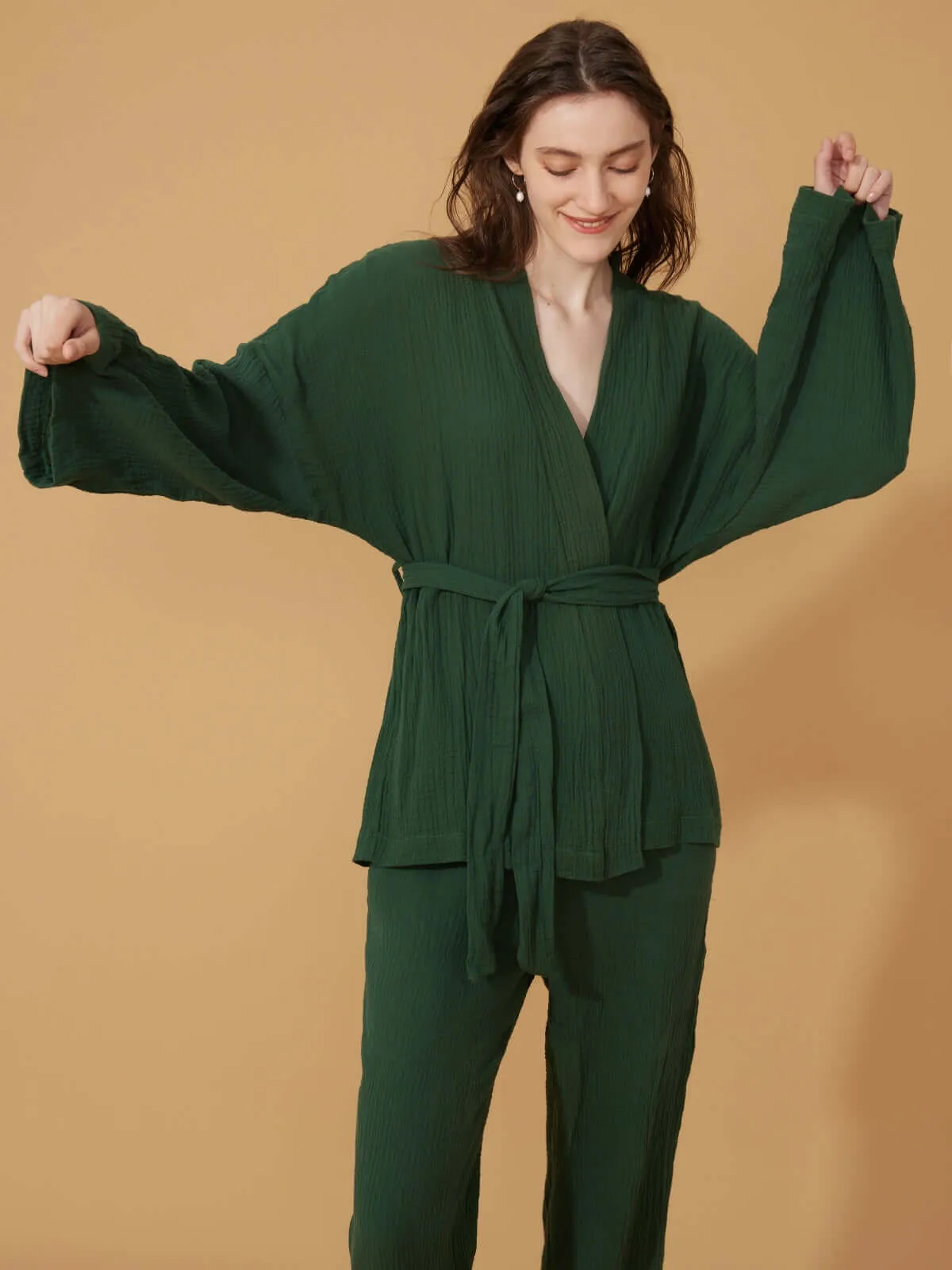 Double Gauze Cotton Robe and Pants Pajama Set